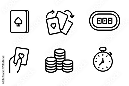 Card Game Icons. Outline icon set of card game elements: deck, shuffle, deal, card table, chip stack, timer, dealer button, winning hand. Line icons in only