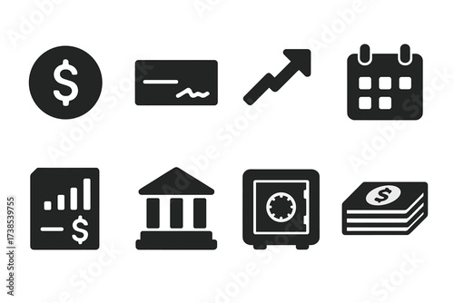 Stock Dividends Icons. Solid, filled icon set of stock dividends and earnings: dollar coin, dividend check, growth arrow, calendar, financial report, bank,