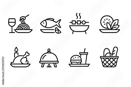 Dinner Themed Icons. Outline icon set of dinner themes: Italian dinner, seafood dinner, BBQ dinner, vegetarian dinner, holiday dinner, buffet dinner, fast food