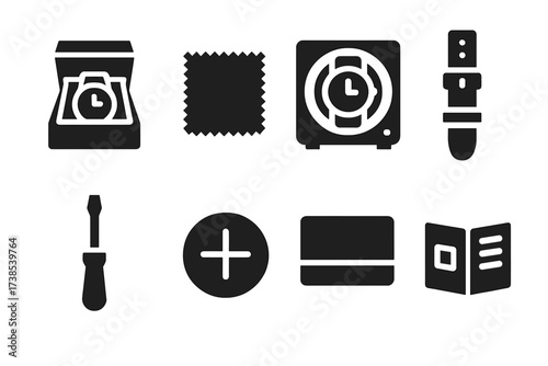 Watch Accessories Icons. Solid, filled icon set of watch accessories: watch box, cleaning cloth, watch winder, replacement strap, screwdriver, battery,