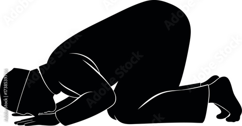 Silhouette of a Muslim man praying in sujood on a white background Islam