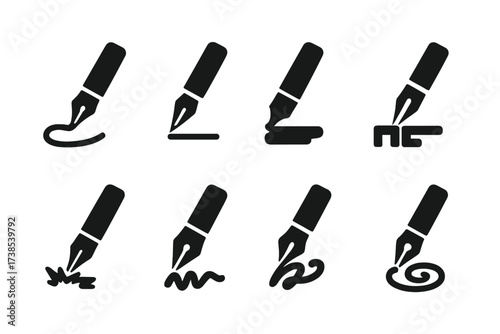 Pen Writing Icon Set. Solid, filled icon set of pen writing styles: cursive, print, calligraphy, block letters, graffiti, sketching, lettering, doodling.