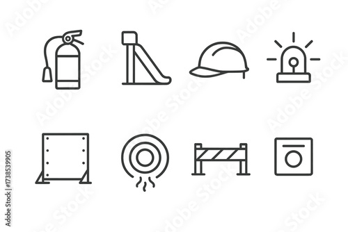 Launch Pad Safety Icons. Outline icon set of launch pad safety: fire extinguisher, emergency evacuation slide, safety helmet, warning light, blast shield,