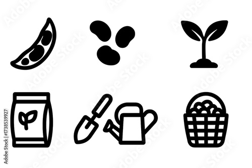 Lima Beans Icon Set. Solid, filled icon set of lima beans: lima bean pod, shelled lima beans, cooked lima beans, plant sprout, seed packet, garden shovel,
