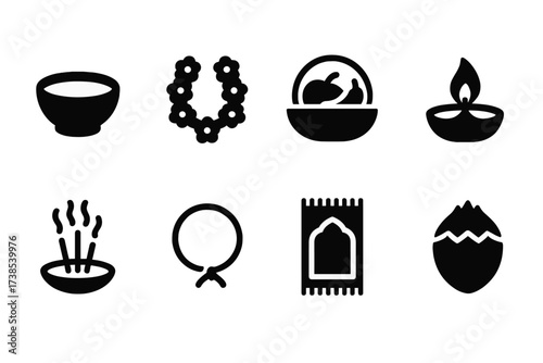 Cultural Icons Grid. Solid, filled icon set of milk-based offerings in culture: milk bowl, flower garland, fruit basket, diya lamp, incense holder, sacred