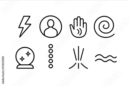 Energy Healing Icons. Outline icon set of energy healing: lightning bolt, aura circle, hand energy, spiral, crystal ball, chakras, light beam, wave. Line icons