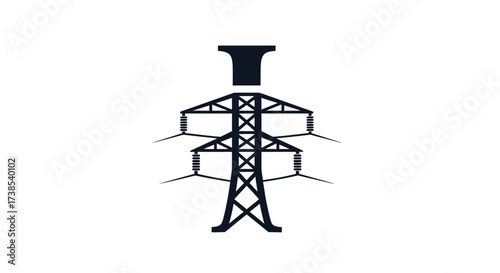 High voltage electric power transmission tower line illustration on white background