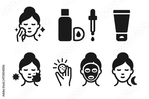 Anti-Aging Routine Icons. Solid, filled icon set of anti-aging daily routine steps: cleanse, tone, serum, moisturize, sunscreen, exfoliate, mask, night care.