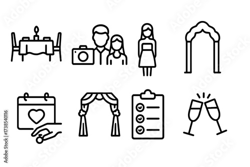 Engagement Icon Set. Outline icon set of engagement events: rehearsal dinner, engagement photoshoot, bridal shower, save the date, venue decoration, guest