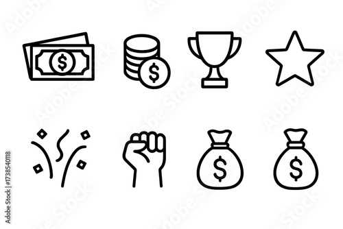 Jackpot Icon Set. Outline icon set of jackpot win: dollar bills, coins, trophy, star, jackpot text, confetti, winner hand, cash bag. Line icons in only black