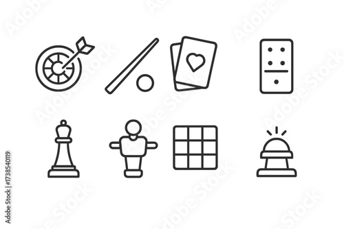 Pub Games and Drinks Icons. Outline icon set of pub games: darts, pool cue, card deck, dominoes, chess piece, foosball, bingo, trivia buzzer. [Line icons in