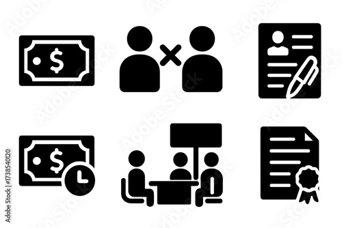 Unpaid Employment Icons. Solid, filled icon set of unpaid employment: unpaid wages, work dispute, labor contract, strike, paycheck delay, HR meeting, labor