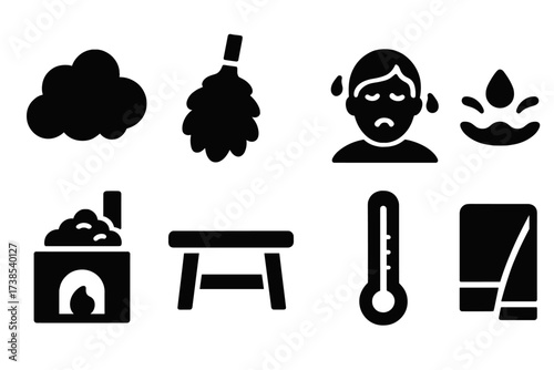 Bannik Ritual Icon Set. Solid, filled icon set of bannik steam rituals: steam cloud, birch broom, sweating person, water splash, sauna stove, wooden bench,