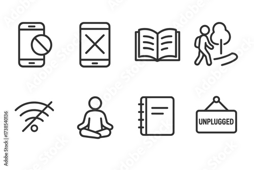Digital Detox Icons. Outline icon set of digital detox and screen break: phone off, crossed screen, book reading, nature walk, no wifi, meditation, journal,