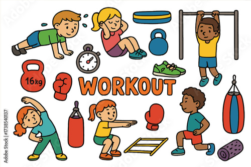 Colorful Workout Doodle. Workout. Colorful Hand-drawn doodle Children illustration Workout push-up, sit-up, squat, lunges, kettlebell, pull-up bar, running