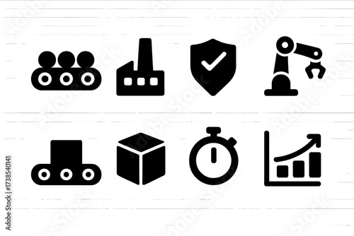 Manufacturing Performance Icons. Solid, filled icon set of manufacturing performance: assembly line, factory, quality control check, robotic arm, conveyor