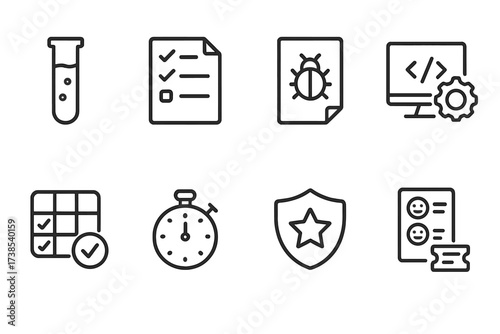 Software and Ticket Icons. Outline icon set of software testing: test tube, checklist, bug report, automation script, test case, stopwatch, quality assurance,