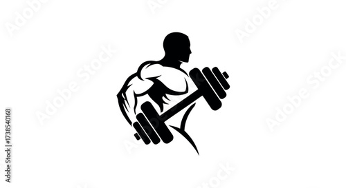 Silhouette of Muscular Man Lifting Dumbbell on White Background Keywords: man, male, bodybuilder, weightlifter, fitness, gym, exercise, workout, strength, muscle, bicep, arm, dumbbell, weight