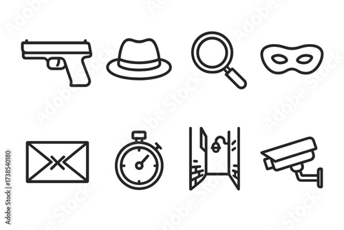 Thriller Icon Set. Outline icon set of thriller and suspense: gun silhouette, detective hat, magnifying glass, eye mask, secret letter, timer, dark alley,