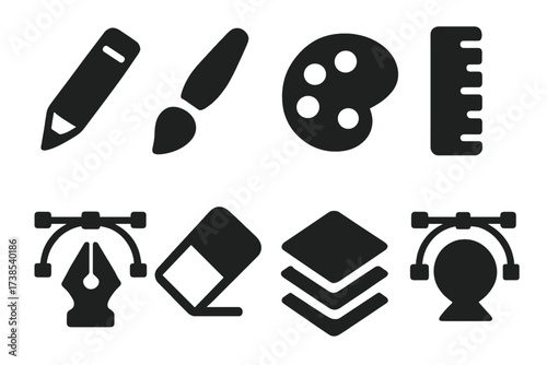 Graphic Design Tools. Solid, filled icon set of graphic design tools: pencil, paintbrush, color palette, ruler, pen tool, eraser, layers, vector shapes. [Line