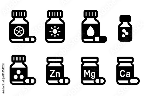 Vitamin Icon Grid. Solid, filled icon set of wellness vitamins and supplements: vitamin C, vitamin D, omega-, probiotic, multivitamin, zinc, magnesium,