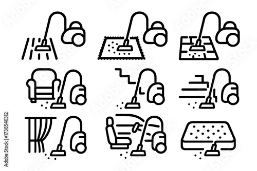 Vacuum Cleaner Icon Set. Outline icon set of vacuum cleaner cleaning surfaces: hardwood floor, carpet, tile, upholstery, stairs, curtains, car interior,