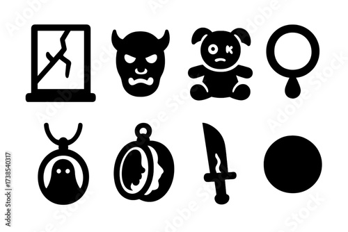 Cursed Objects Icons. Solid, filled icon set of cursed objects: cracked mirror, haunted mask, possessed doll, blood ring, shadow amulet, whispering locket,