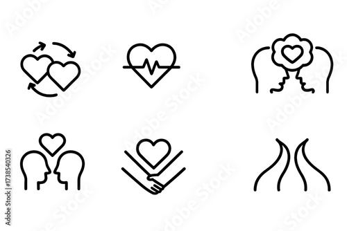 Deep Connection Icons. Outline icon set of deep connection: synchronized hearts, heartbeat, mutual gaze, shared dreams, soul mates, loving arms, eternal bond,