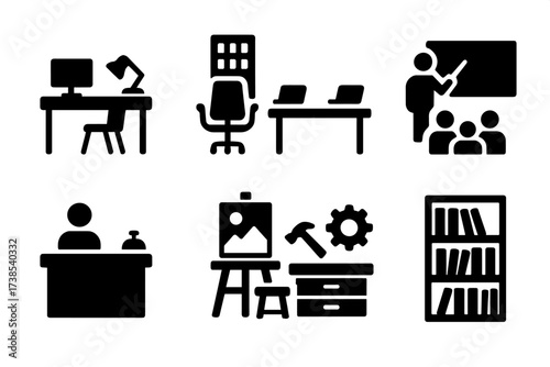 Desk Environments Icons. Solid, filled icon set of desk environments: home office, corporate office, co-working space, classroom, reception, studio, workshop,