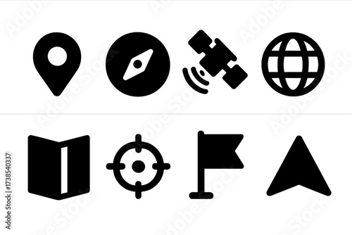 Location Icons Grid. Solid, filled icon set of location markers: map pin, compass, GPS satellite, globe, map, location crosshair, flag marker, navigation