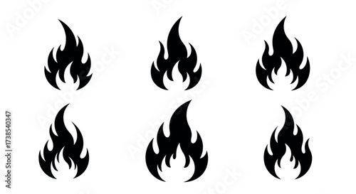 Six Black Flame Icons on White Background fire symbol