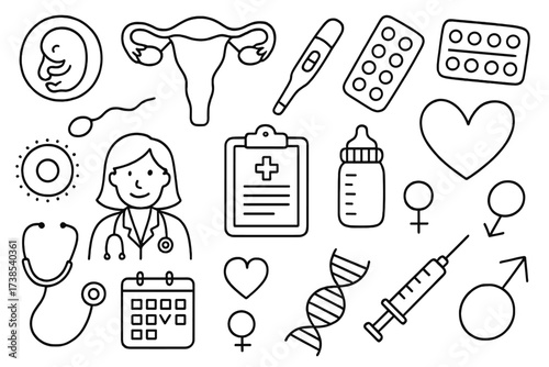 Maternal Health Doodle. Hand-drawn doodle illustration Maternal health and reproduction embryo, uterus, pregnancy test, contraception pill, sperm, egg cell,