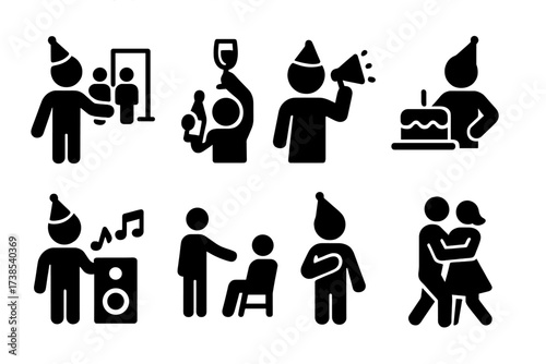 Party Host Icon Set. Solid, filled icon set of party host actions: inviting guests, giving a toast, announcing games, cutting cake, playing music, guiding