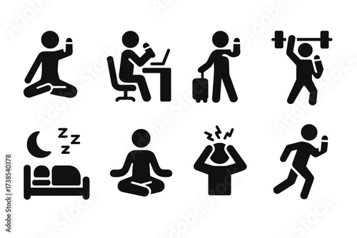 Roll-On Use Icons. Solid, filled icon set of roll-on usage scenarios: yoga, office, travel, gym, sleep time, meditation, headache relief, sports recovery. Line