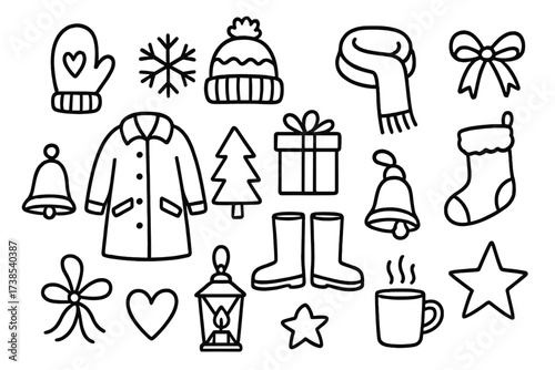 Winter Market Doodle. Hand-drawn doodle illustration Winter market attire mitten, wool hat, scarf, coat, boots, snowflake, pine tree, present,