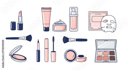 A Collection of Essential Makeup Products Including Lipstick Foundation Cream Brushes and Eye Palettes For Daily Beauty Routines