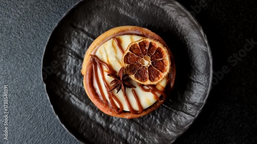 Cinnamon roll, a sweet bun with citrus, cherries, and chocolate, a Danish dessert with cream