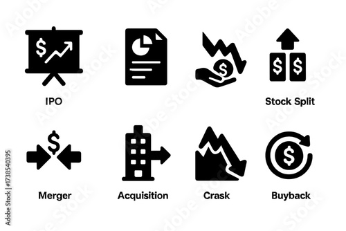 Stock Market Icons. Solid, filled icon set of stock market events: IPO, earnings report, dividend payout, stock split, merger, acquisition, market crash,
