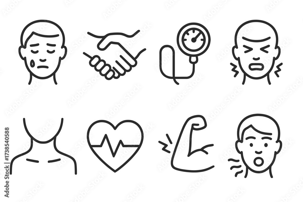 Fototapeta premium Physical Stress Icons. Outline icon set of physical stress signs: sweating, shaking hand, raised blood pressure gauge, clenched jaw, tense neck, pounding