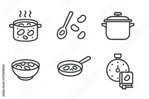 Bean Cooking Icon Set. Outline icon set of bean cooking process: boiling pot, stirring spoon, pressure cooker, frying pan, serving bowl, spice jar, timer,