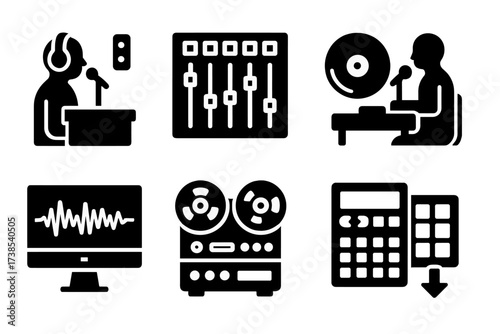 Studio Recording Icons. Solid, filled icon set of studio recording stages: tracking, mixing, mastering, overdubbing, editing, bouncing, sampling, exporting.