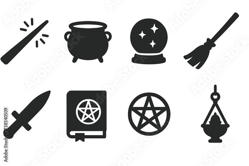 Witchcraft Tools Icons. Solid, filled icon set of witchcraft tools: wand, cauldron, crystal ball, broomstick, ritual dagger, book of shadows, pentagram,