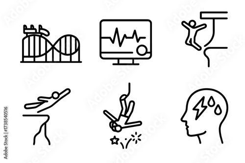 Thrill Icon Set. Outline icon set of thrill: roller coaster, heart rate monitor, cliff diving, bungee jumping, skydiving, fast car, fireworks, adrenaline rush.