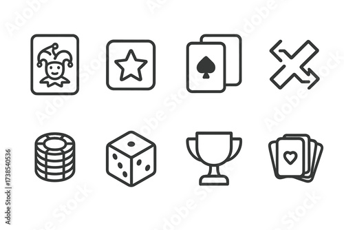 Casino Icon Set. Outline icon set of wildcard symbols: joker card, wildcard icon, playing cards, shuffle deck, poker chips, dice, trophy cup, card hand. Line