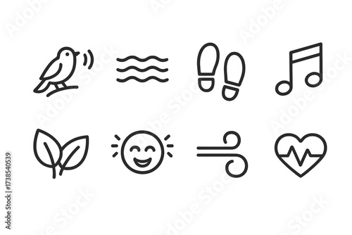 Romantic Walk Sounds Icons. Outline icon set of romantic walk sounds: bird chirping, gentle waves, footsteps, soft music, rustling leaves, distant laughter,