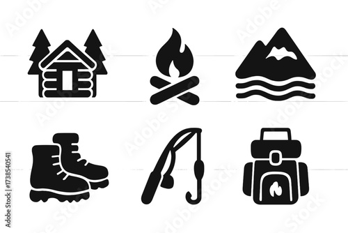 Log Cabin Icons. Solid, filled icon set of log cabin surroundings: pine trees, campfire, mountain, river, hiking boots, fishing rod, backpack, lantern. Solid,