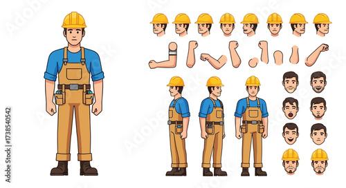 Illustrated Construction Worker Character With Multiple Poses and Expressions for Animation and Design Projects