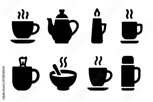 Hot Drinks Icons. Solid, filled icon set of hot drinks: coffee cup, tea pot, latte glass, espresso shot, hot chocolate, matcha bowl, cappuccino cup, thermos.