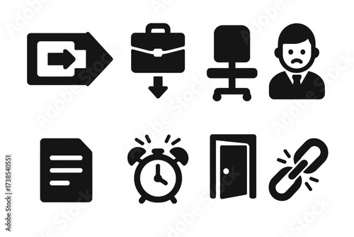 Redundancy Icon Set. Solid, filled icon set of redundancy: exit sign, briefcase drop, empty chair, sad worker, notice paper, alarm clock, closing door, broken