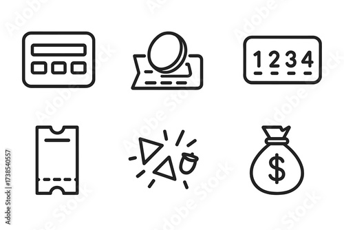 Scratch Card Icon Set. Outline icon set of scratch card: scratch card, coin scratching, prize symbol, winning numbers, ticket, confetti, money bag, magnifying